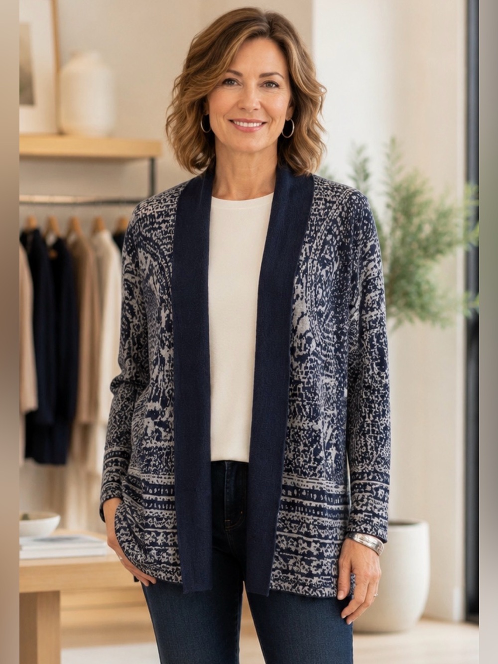 Women’s Pure Jill Cardigan Blue Gray pattern Sz M
